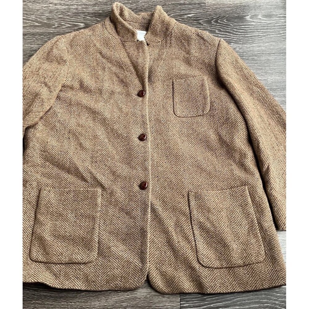 Liz Claiborne Vintage Women’s 14 Tan Charcoal Wool Bl Chunky Tweed Blazer Jacket